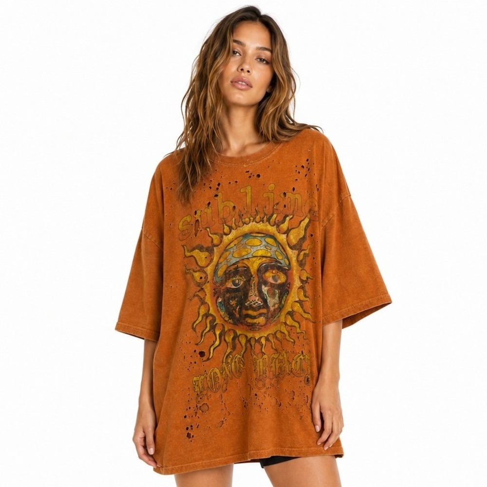 Sublime Long Beach Sun Graphic T-Shirt Distressed Thrashed Orange Women S/M